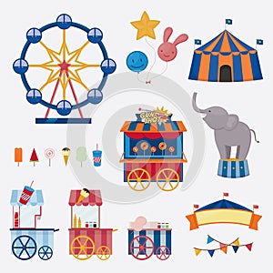 Circus collection with carnival, fun fair. Vector icons and background and illustration collection.