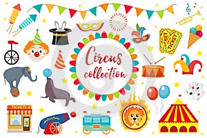 Circus Collection, flat, cartoon style. Set isolated on a white background. Kit with elephant, tent, lion, Sealion, gun