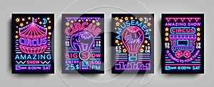 Circus collection of posters design templates neon style. Circus set of neon signs, tent, elephant, amusement park