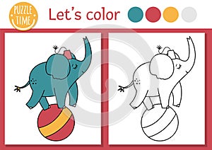 Circus coloring page for children with elephant on a ball. Vector amusement show outline illustration with cute animal. Color book