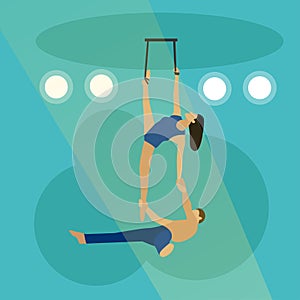 Circus concept vector banner. Acrobats and artists perform show in arena