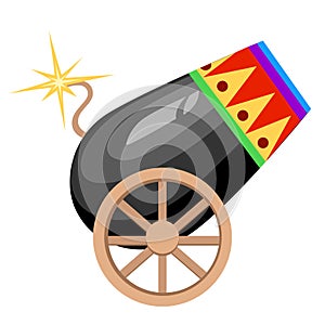 Circus design black cannon on wheels with burning wick and colored ornament vector illustration on white background web site page