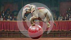 A circus elephant balancing on a ball