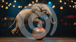A circus elephant balancing on a ball
