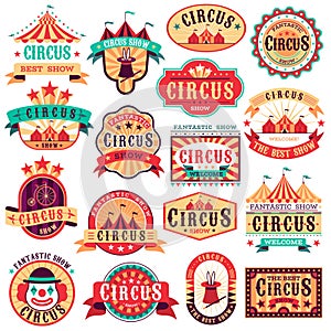 Circus emblems. Carnival festival, fun circus show retro paper signboard invitational banners event frames arrow