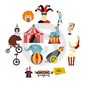 Circus entertainment icons set, flat style