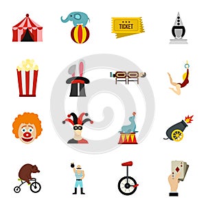 Circus entertainment icons set, flat style