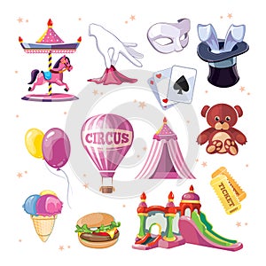 Circus entertainment icons set. Flat style design. Vector illustration.
