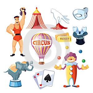 Circus entertainment icons set. Flat style design. Vector illustration.