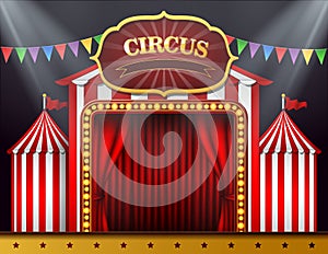 The circus entrance with a red curtain closed