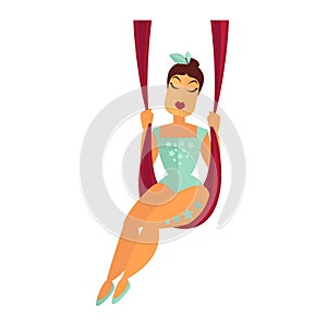 Circus equilibrist or acrobat woman on ropes vector flat icon