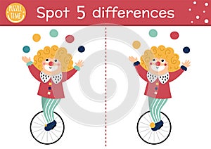 Circus find differences game for children. Educational activity with juggling clown on wheel. Amusement show puzzle for kids with