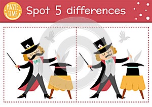 Circus find differences game for children. Educational activity with magician showing trick with hat and rabbit. Amusement show