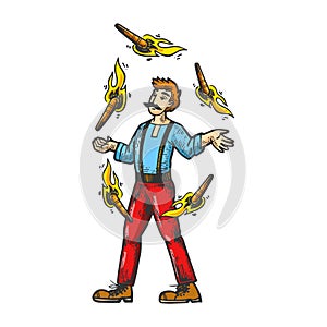 Circus fire juggler performer engraving vector