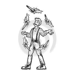 Circus fire juggler performer engraving vector