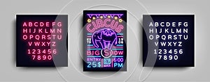 Circus flyer in neon style. Circus show with elephant neon sign poster, banner, neon brochure, typography design