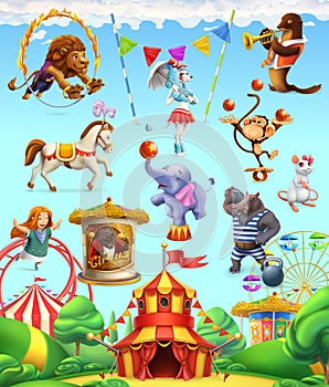 Circus funny animals, set of vector icons