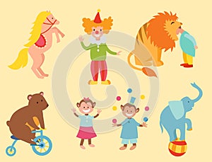 Circus funny animals set of vector icons cheerful zoo entertainment collection juggler pets magician performer carnival