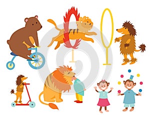 Circus funny animals set of vector icons cheerful zoo entertainment collection juggler pets magician performer carnival