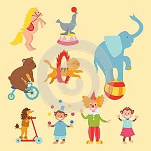 Circus funny animals set of vector icons cheerful zoo entertainment collection juggler pets magician performer carnival