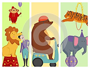 Circus funny animals vector cheerful cards design zoo entertainment magician performer carnival illustration