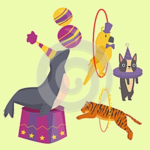 Circus funny animals vector cheerful zoo entertainment magician performer carnival illustration