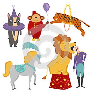Circus funny animals vector cheerful zoo entertainment magician performer carnival illustration