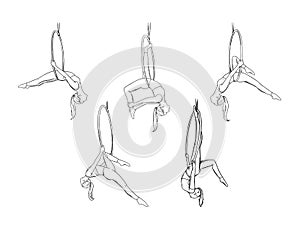 Circus girl gymnast performing air dance. Aerial acrobat isolated in white background. Vector illustration