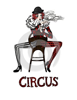 A circus harlequin smokes in a chair. Watercolor gothic illustration