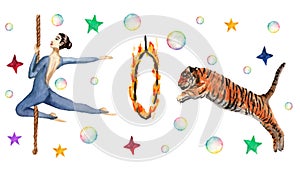 Circus horizontal pattern, soap bubbles, stars, tiger, fire ring, acrobat. Watercolor illustration on white