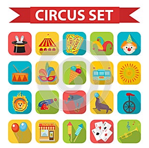 Circus icon set, flat, cartoon style. Set on a white background with elephant, lion, Sealion, gun, clown