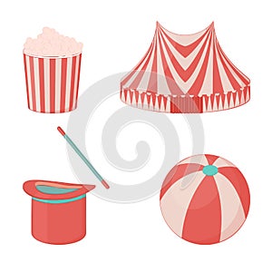 Circus Icon set: pavilion, magic hat with wand, ball and popcorn for your design in cartoon style. Vector illustration.