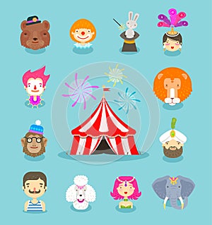 Circus icons set. Collection of elements of clown