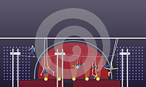 Circus interior concept vector banner. Acrobats and artists perform show in arena