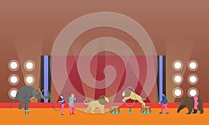 Circus interior concept vector banner. Artists perform show in arena. Animals performance.