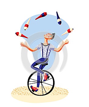 Circus juggler with clubs riding unicycle on white