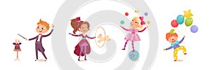 Circus kid character, boy girl child performing show set, juggler acrobat clown magician