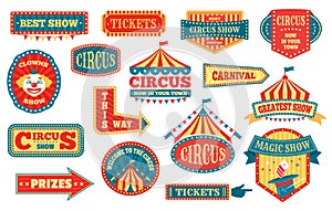 Circus labels, carnival signs and badges, funfair signboards. Vintage magic show sign, amusement park or festival event