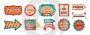 Circus labels. Cartoon fairground tent entrance signs, magic show and amusement attraction, flyer banner with arrow