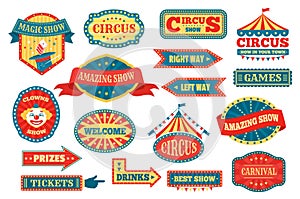 Circus labels and signs, retro fun fair carnival signboards. Vintage amusement park pointers, festival fairground event