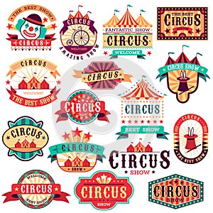 Circus labels. Vintage carnival show, circus signboard. Entertaining event festival. Paper invitation banner, arrow