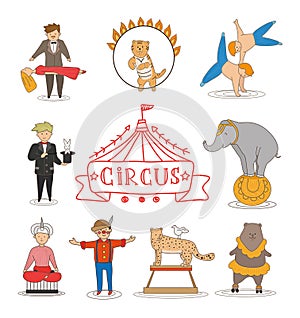 Circus line art design collection with carnival fun fair