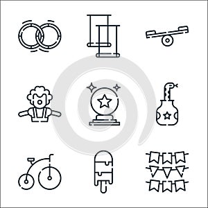 Circus line icons. linear set. quality vector line set such as garlands, ice cream, bycicle, snake, crystal ball, clown, balancer