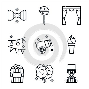 circus line icons. linear set. quality vector line set such as master of ceremonies, cotton candy, popcorn, torch, cannon,