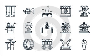 Circus line icons. linear set. quality vector line set such as torch, cage, spinning plates, spotlight, wheel, magic show, ferris