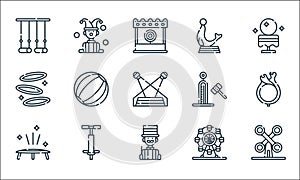 Circus line icons. linear set. quality vector line set such as wheel, magician, trampoline, ferris wheel, pogo stick, strenght,