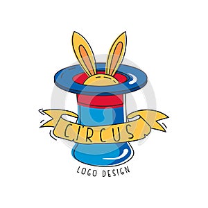 Circus logo original design, emblem rabbit appearing from magician top hat for amusement park, festival, party, creative