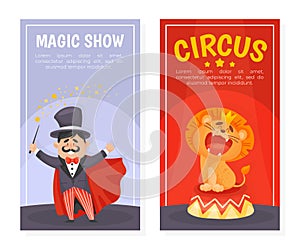 Circus Magic Show Banner Design with Lion and Magician Vector Template