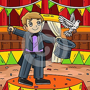 Circus Magician with Hat and Dove Colored Cartoon