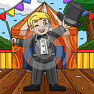 Circus Magician with Hat and Wand Colored Cartoon